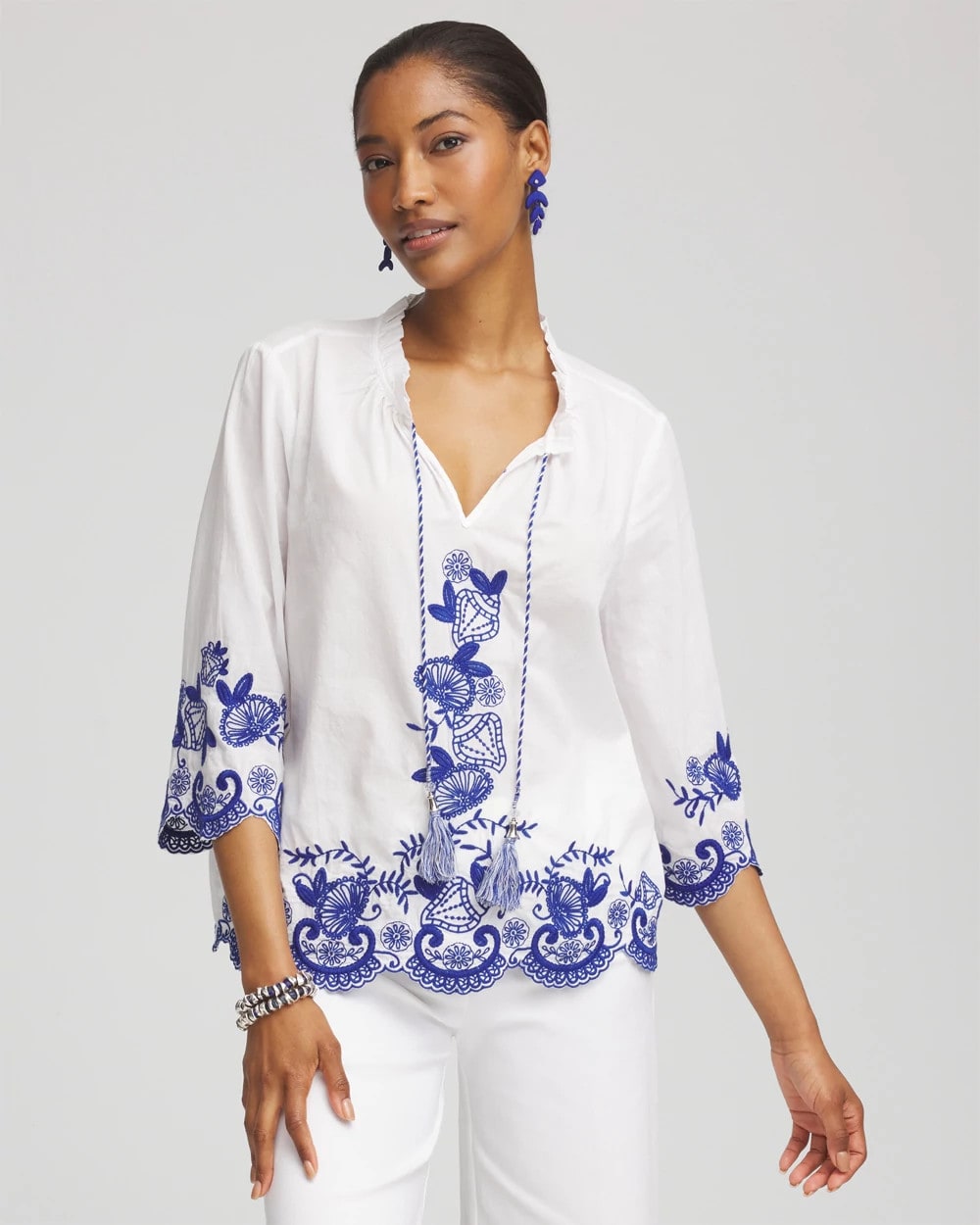 Chico's Clothing Embroidered Tassel Tie-Front Blouse