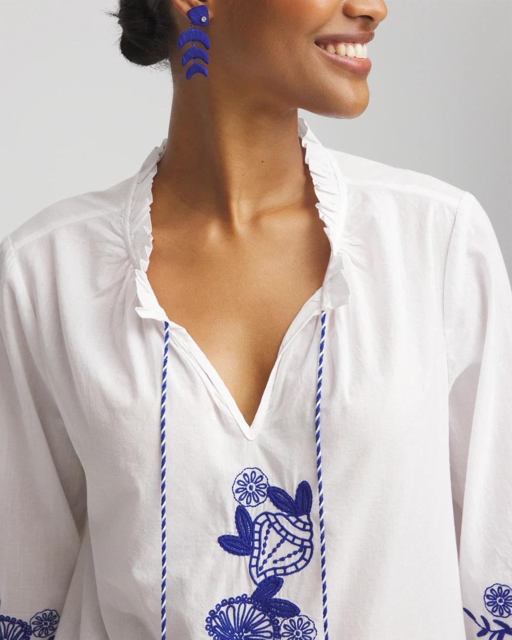 Chico's Clothing Embroidered Tassel Tie-Front Blouse