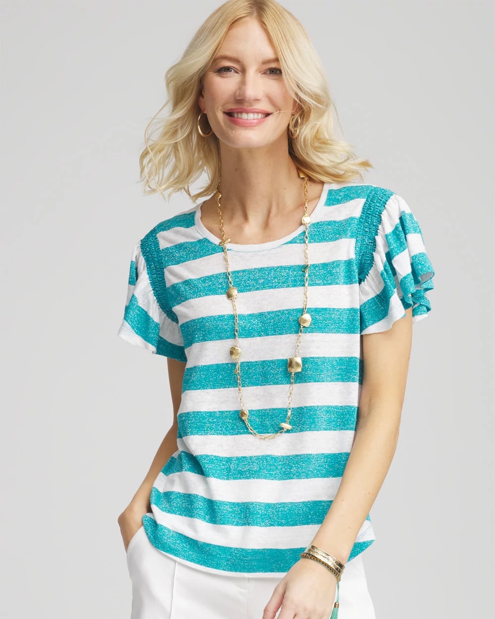 Chico's Clothing Linen Metallic Striped Flutter-Sleeve Tee
