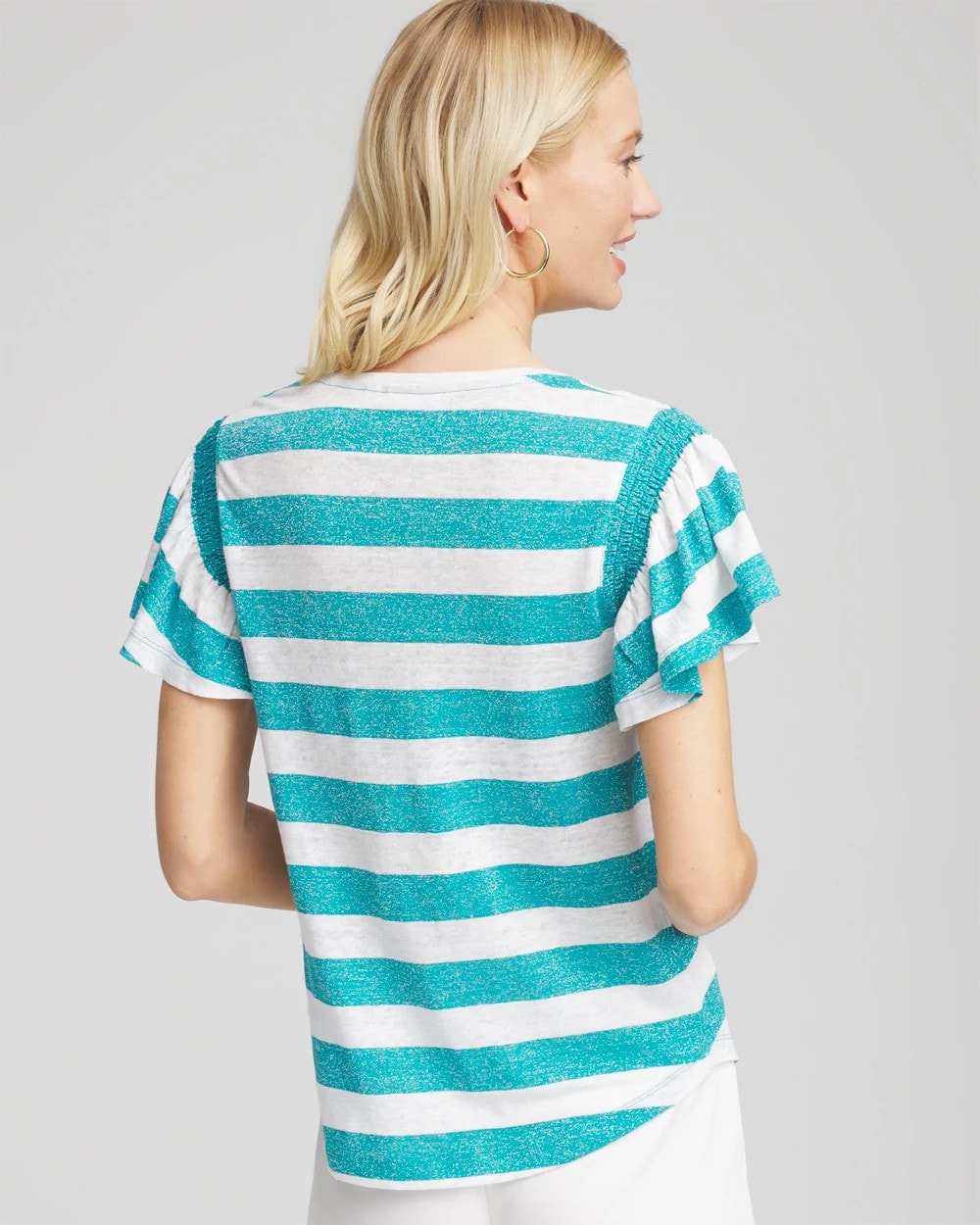Chico's Clothing Linen Metallic Striped Flutter-Sleeve Tee
