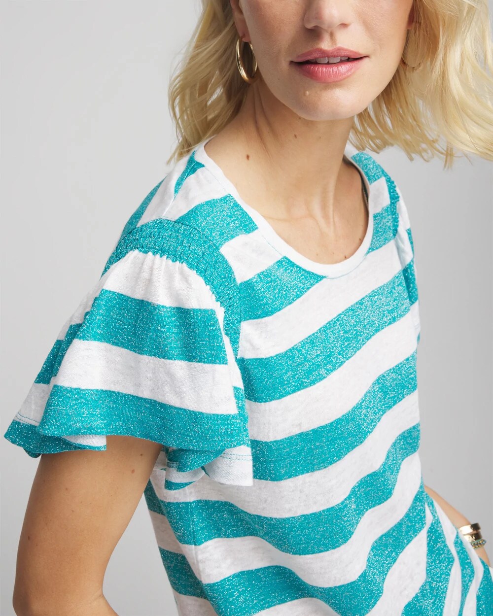 Chico's Clothing Linen Metallic Striped Flutter-Sleeve Tee