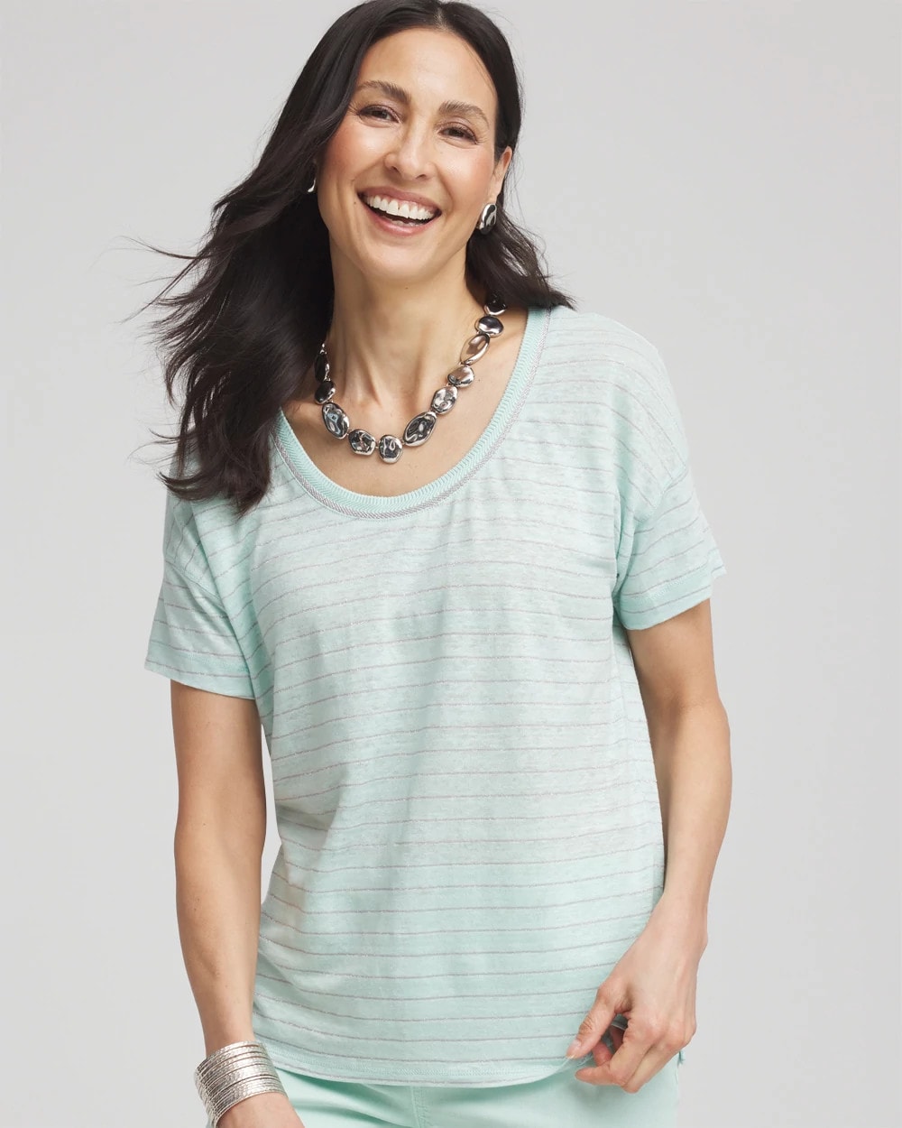 Chico's Clothing Striped Sweater-Trim Linen Tee