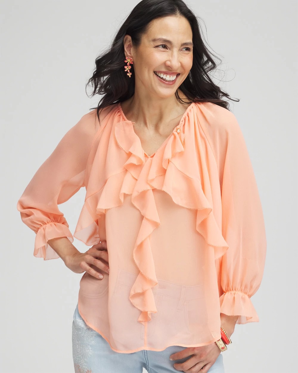 Chico's Clothing Georgette Sheer Ruffle Blouse