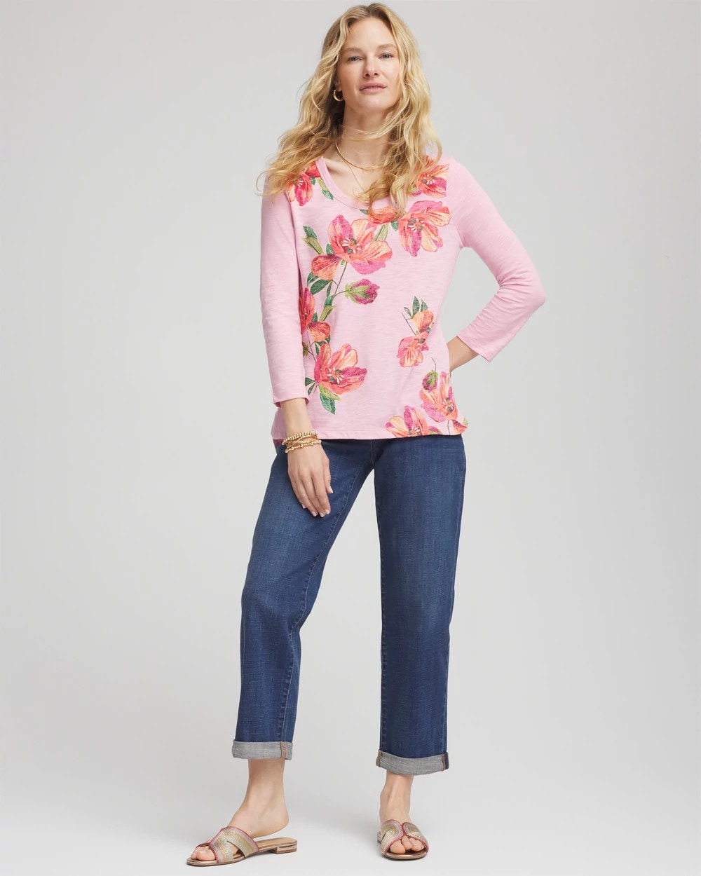 Chico's Clothing Floral 3/4 Sleeve Tee