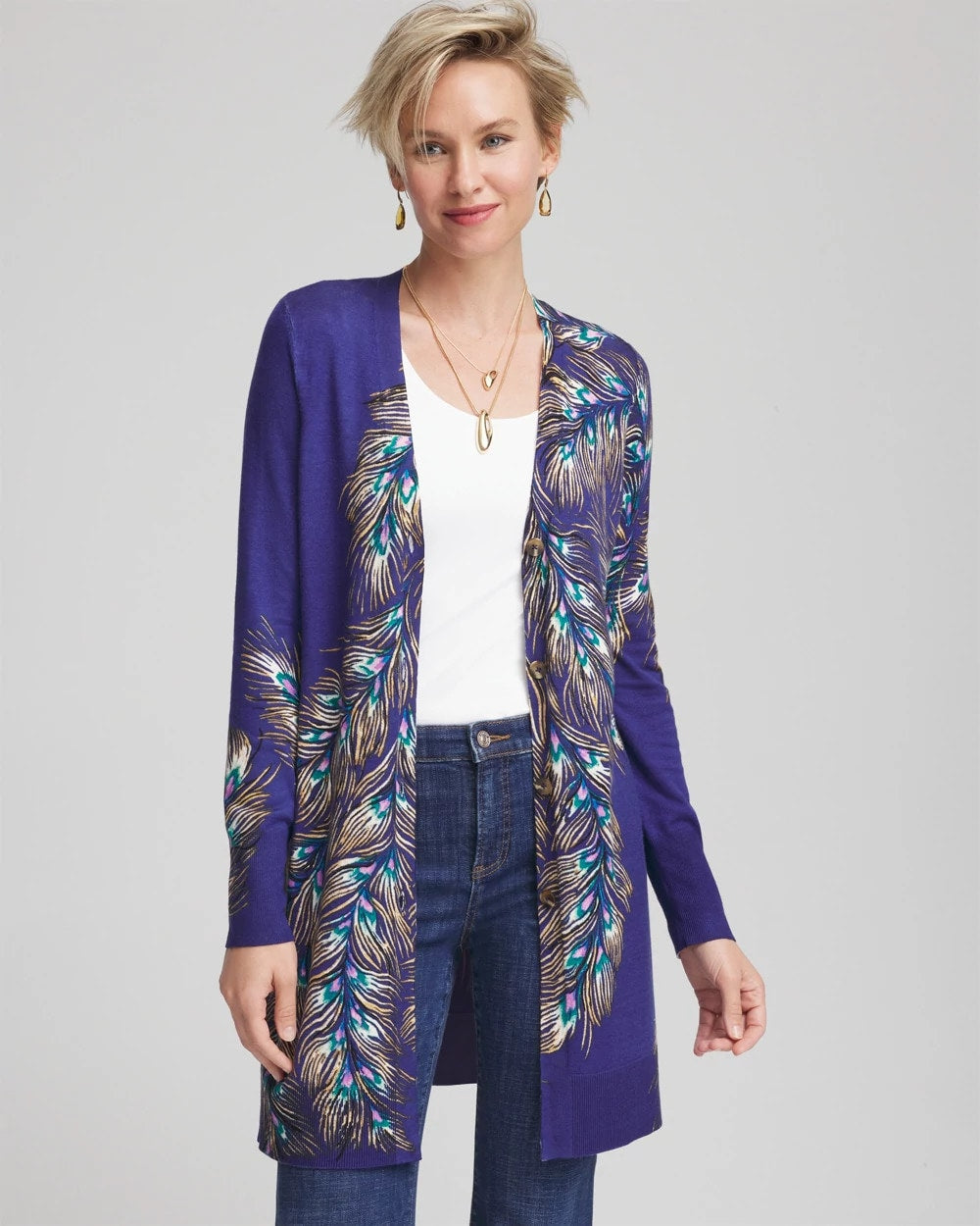Chico's Clothing Ella Peacock-Print Cardigan Sweater
