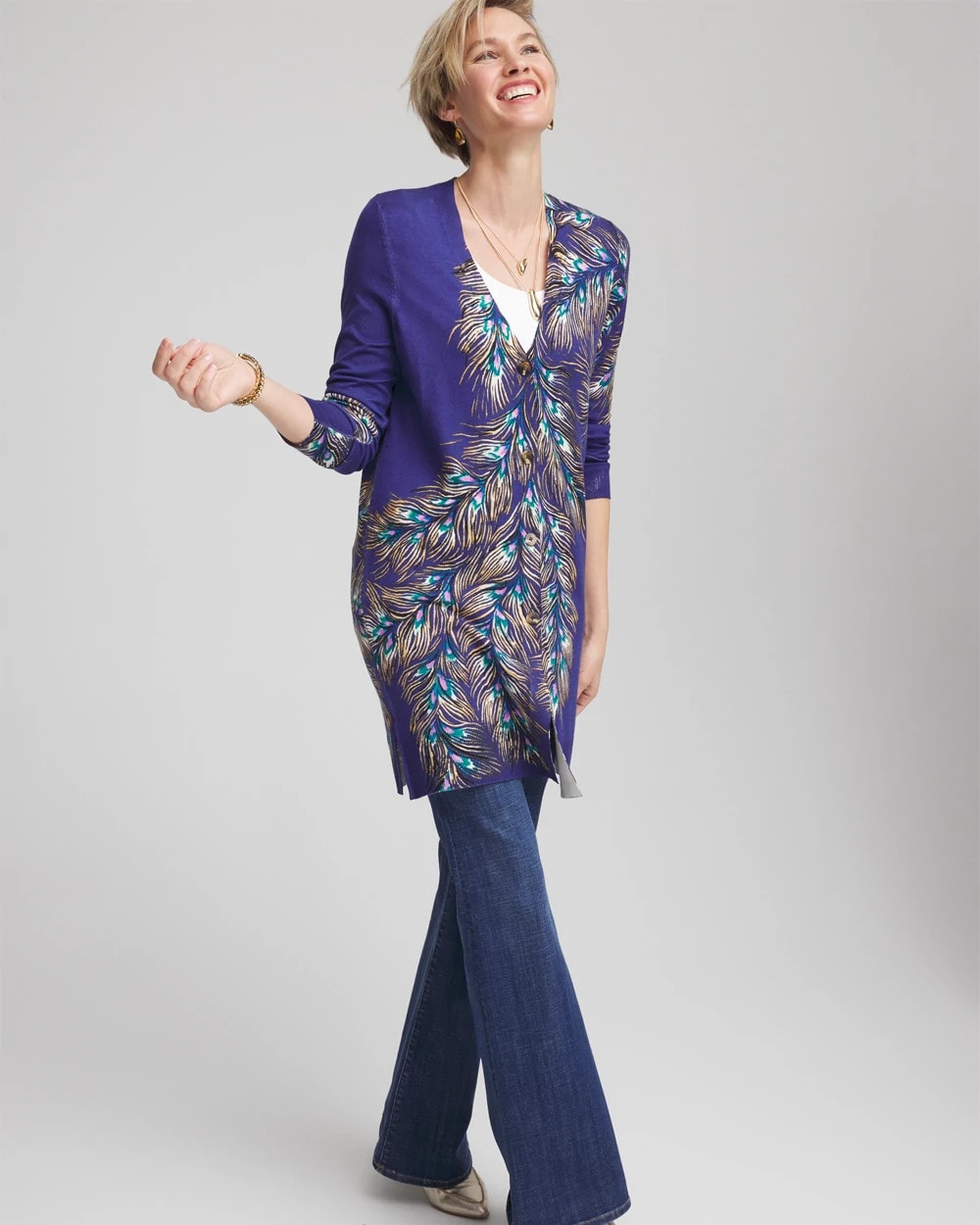 Chico's Clothing Ella Peacock-Print Cardigan Sweater