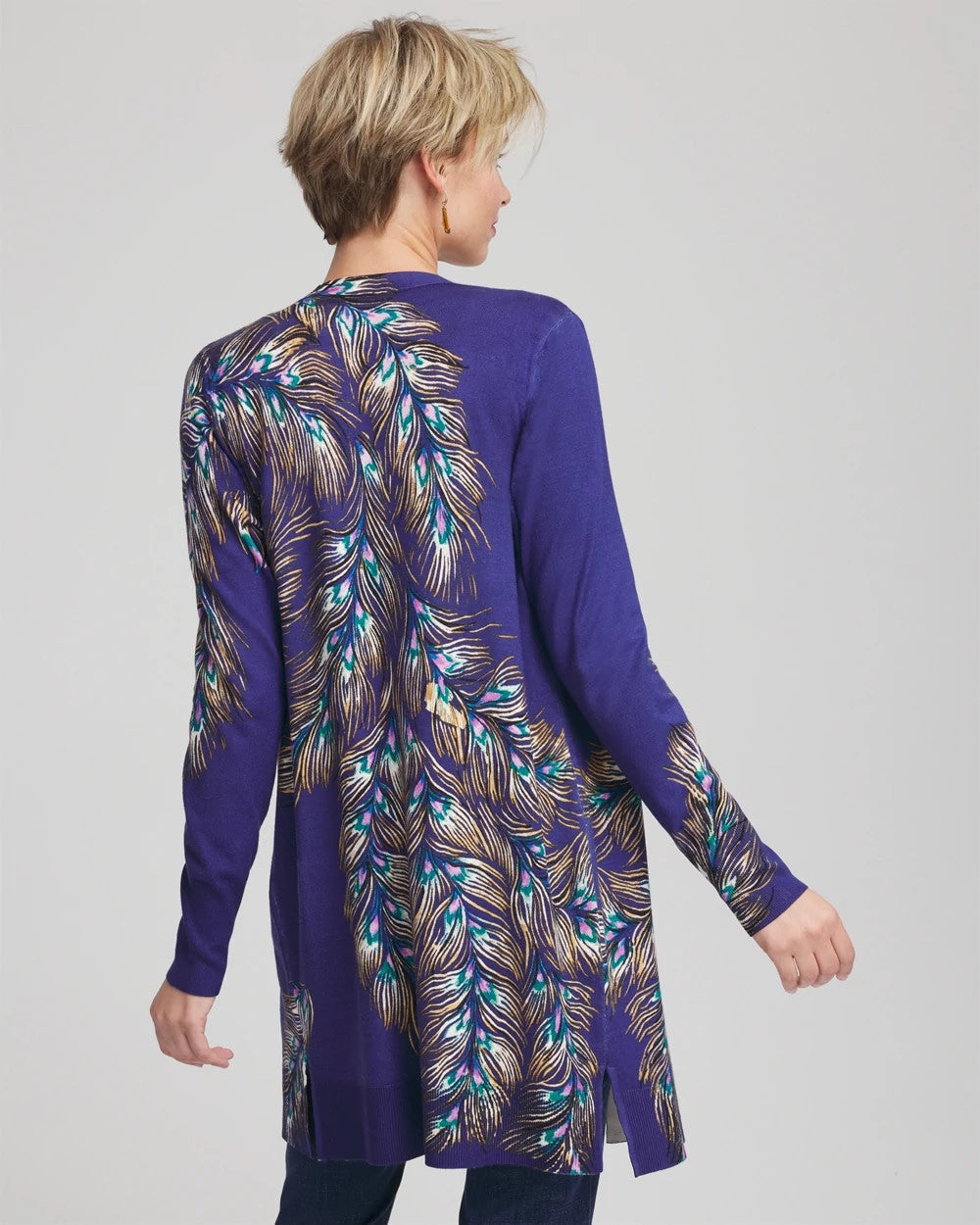 Chico's Clothing Ella Peacock-Print Cardigan Sweater