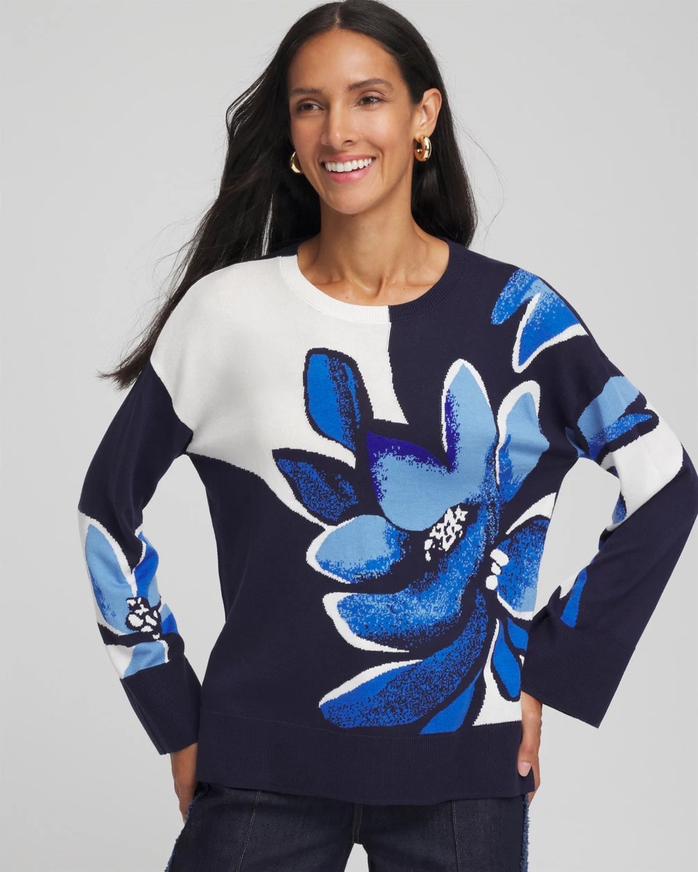 Chico's Clothing Floral Intarsia Crewneck Pullover