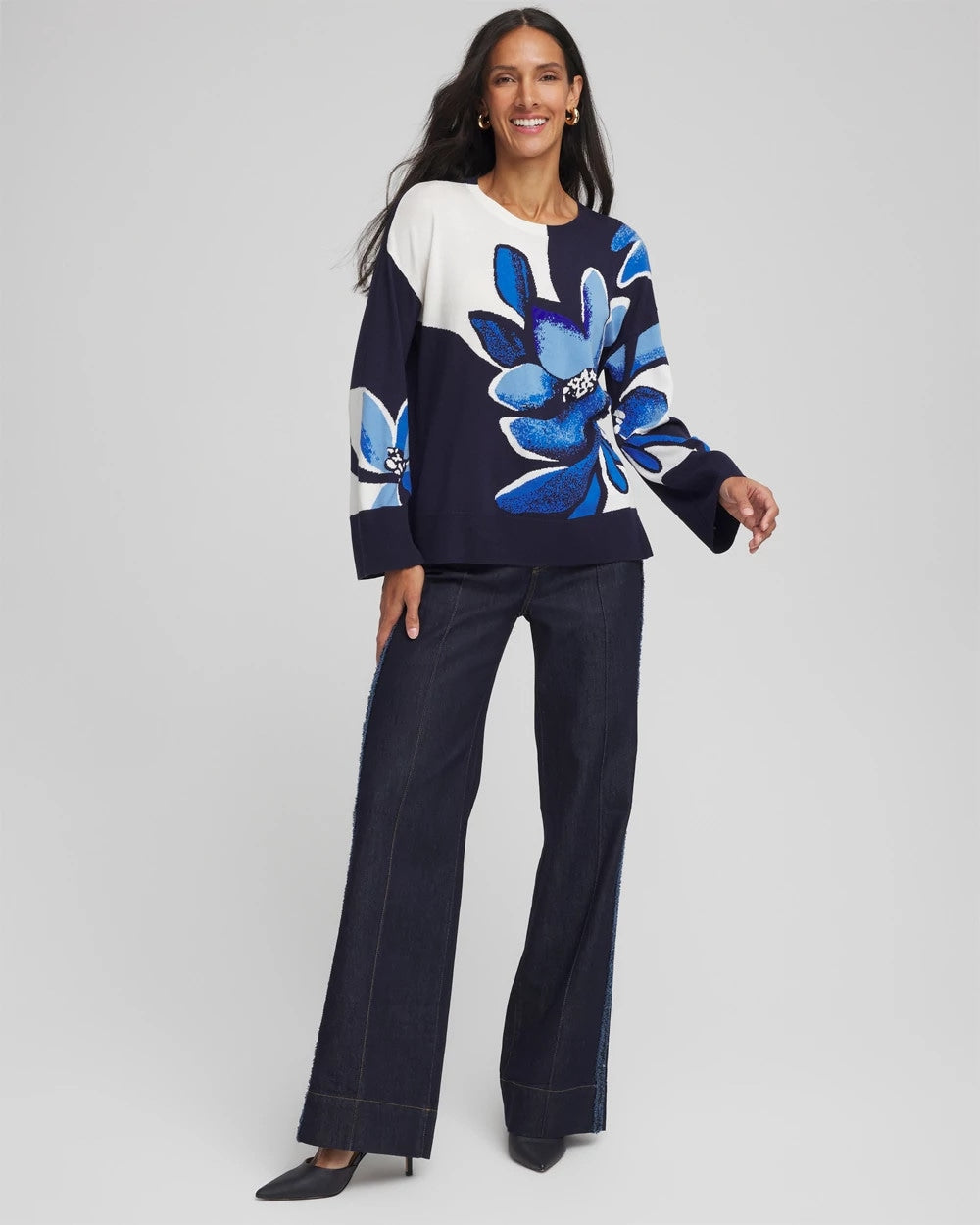 Chico's Clothing Floral Intarsia Crewneck Pullover