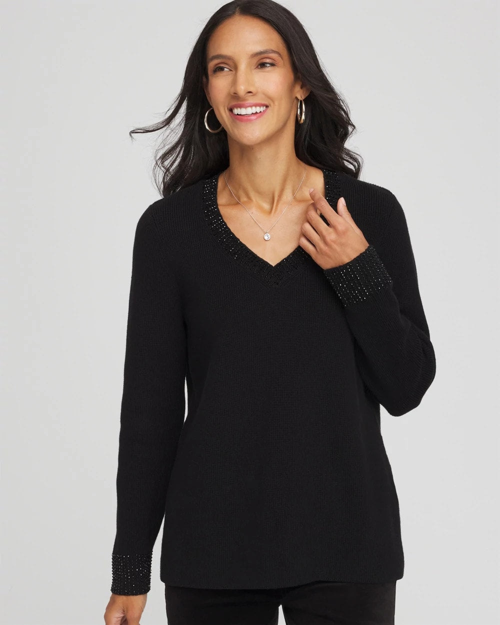 Chico's Clothing Embellished V-Neck Pullover Sweater