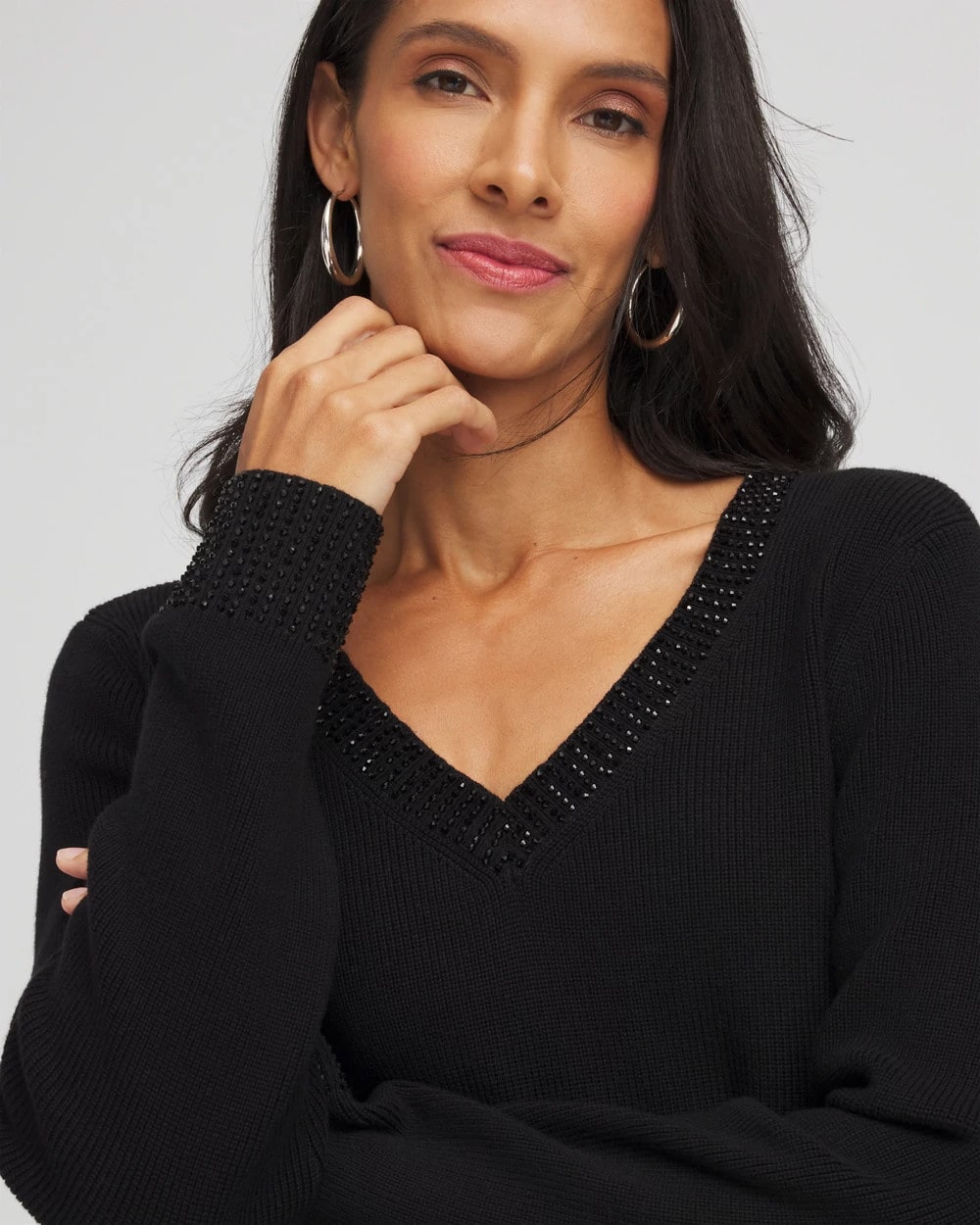 Chico's Clothing Embellished V-Neck Pullover Sweater