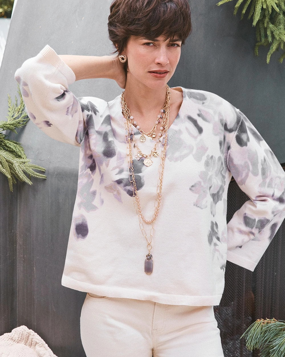 Chico's Clothing Printed V-Neck Sweater