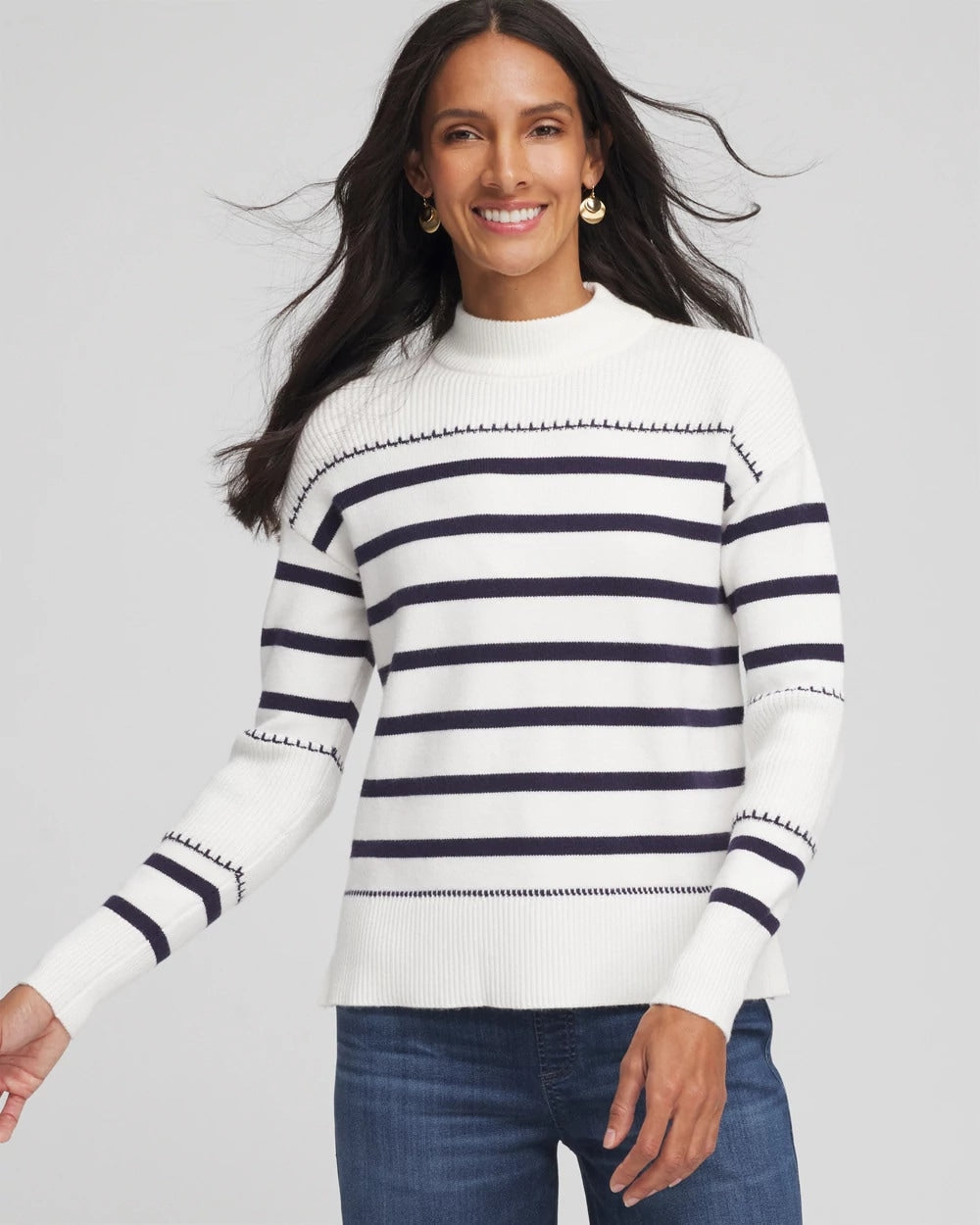 Chico's Clothing Striped Relaxed Mockneck Pullover