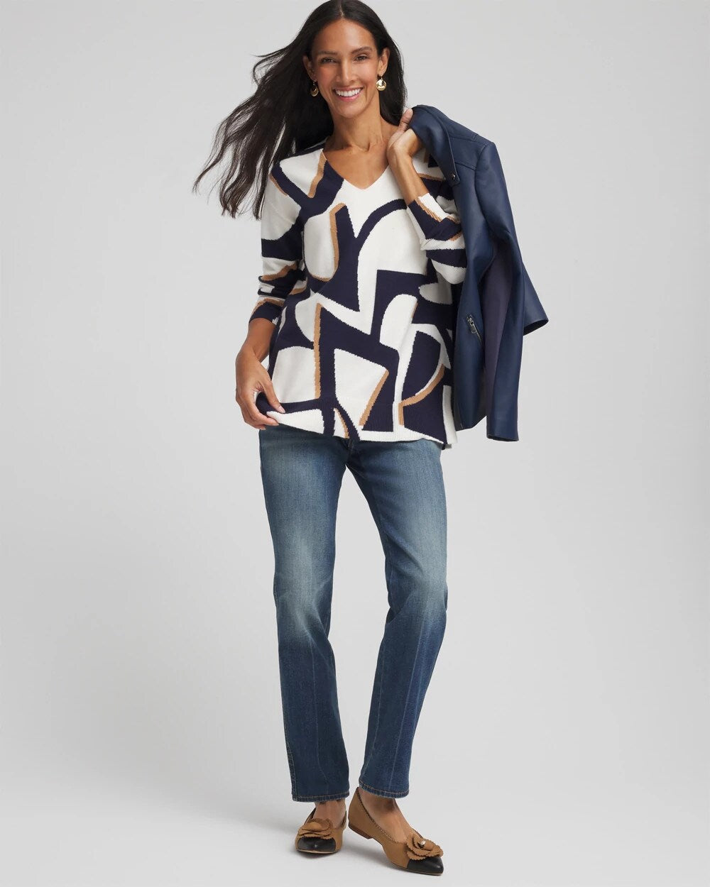 Chico's Clothing Geo Intarsia V-Neck Tunic