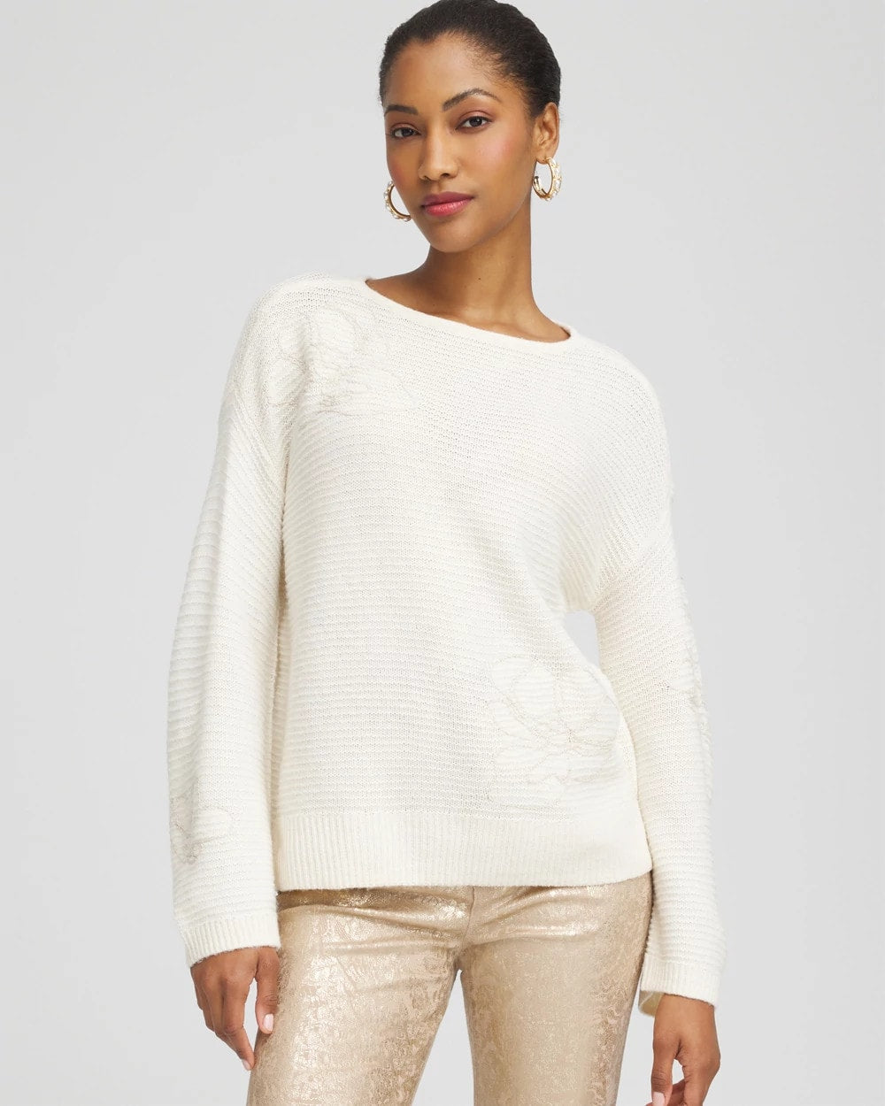 Chico's Clothing Tonal Embroidered Boatneck Pullover Sweater