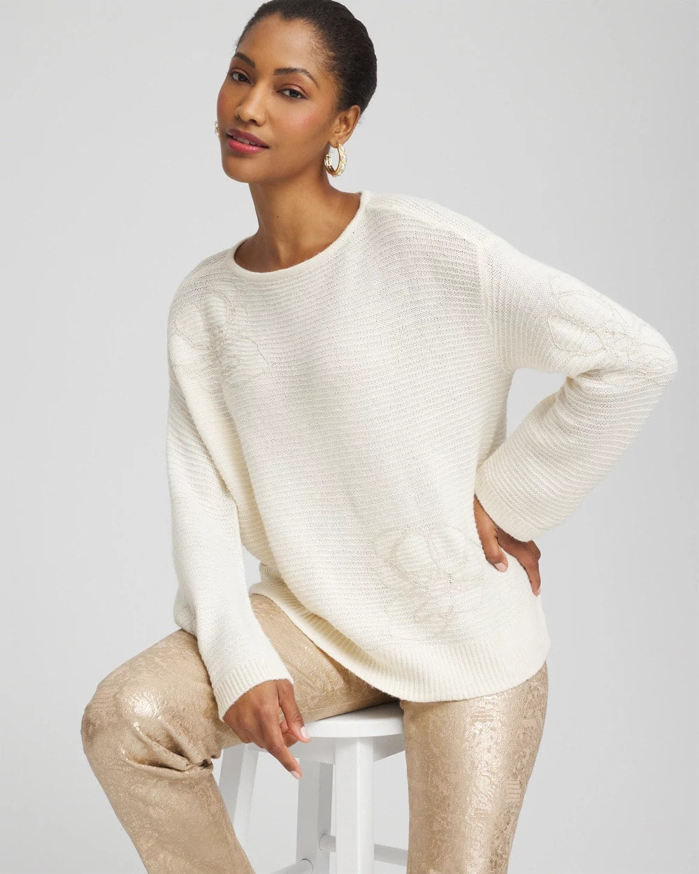 Chico's Clothing Tonal Embroidered Boatneck Pullover Sweater