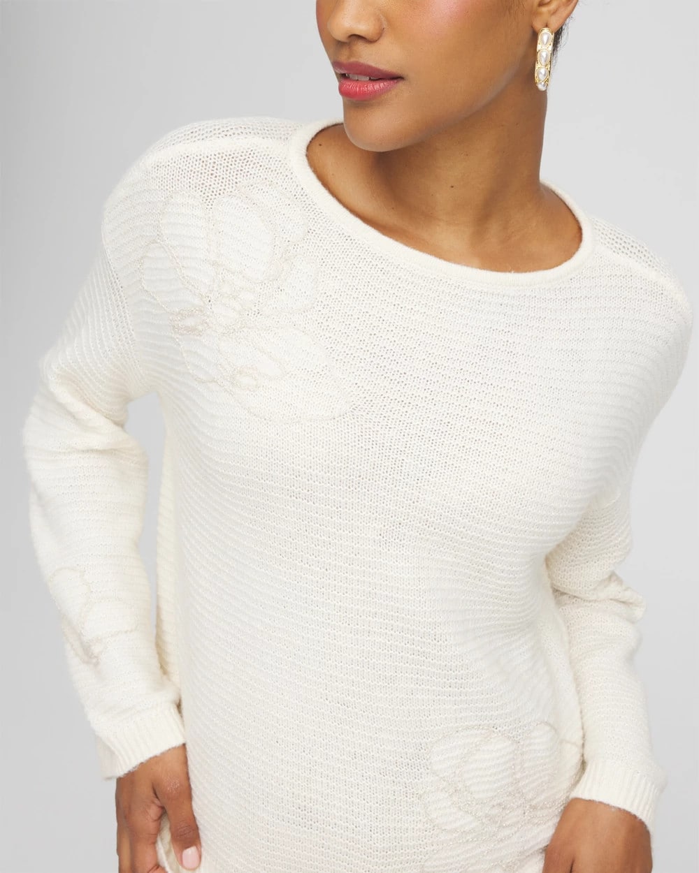 Chico's Clothing Tonal Embroidered Boatneck Pullover Sweater