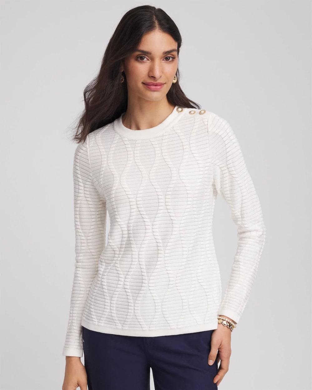 Chico's Clothing Button Shoulder Crewneck Pullover