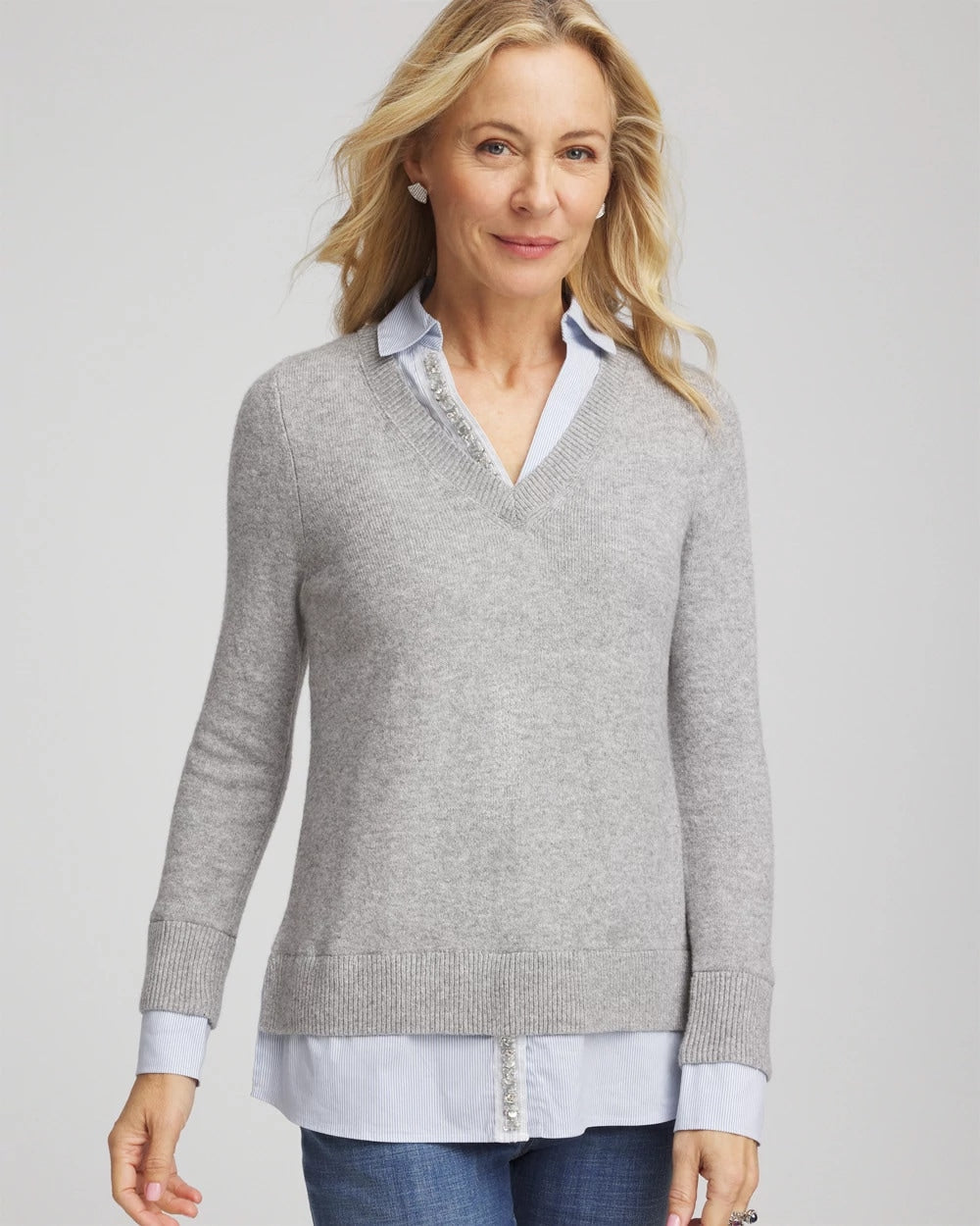 Chico's Clothing Sequin Built-In Shirt Knit Sweater