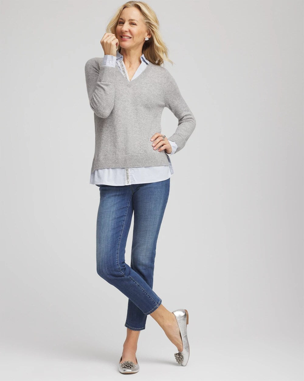 Chico's Clothing Sequin Built-In Shirt Knit Sweater