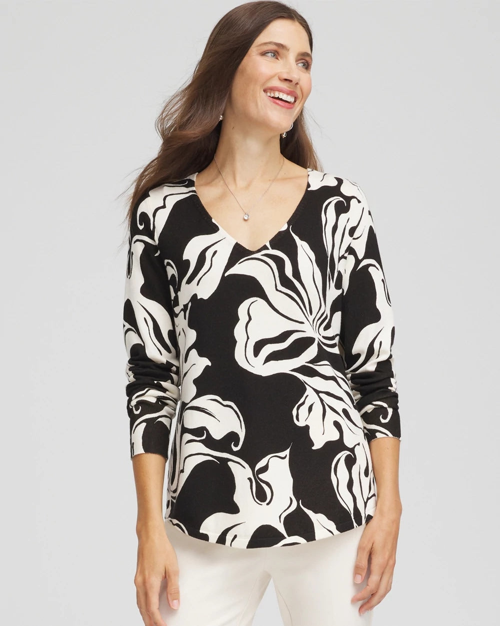Chico's Clothing Ella Printed V-Neck Sweater