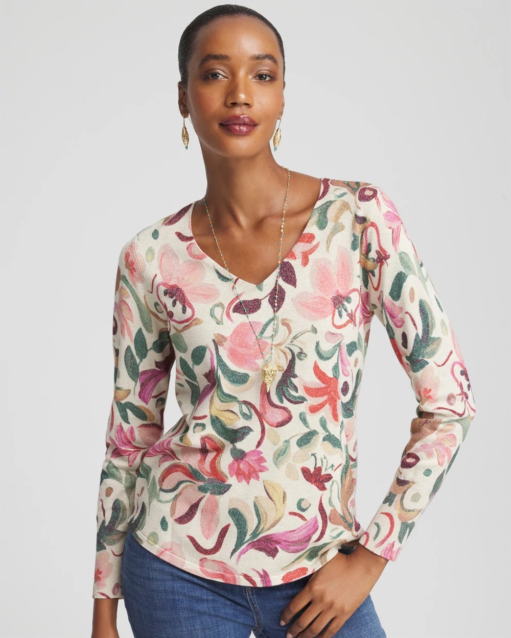 Chico's Clothing Ella V-Neck Floral Pullover Sweater