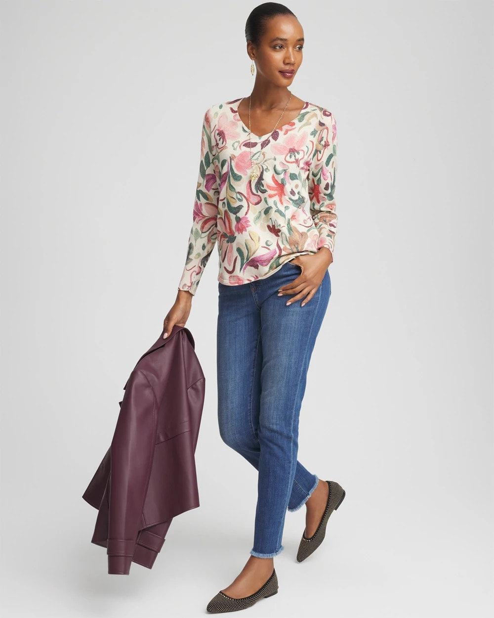 Chico's Clothing Ella V-Neck Floral Pullover Sweater