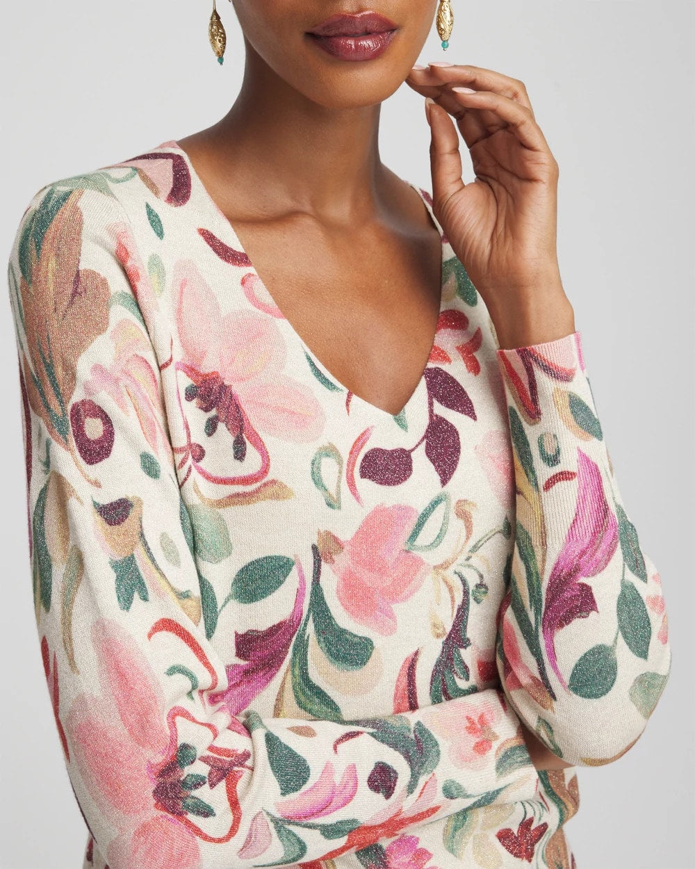 Chico's Clothing Ella V-Neck Floral Pullover Sweater
