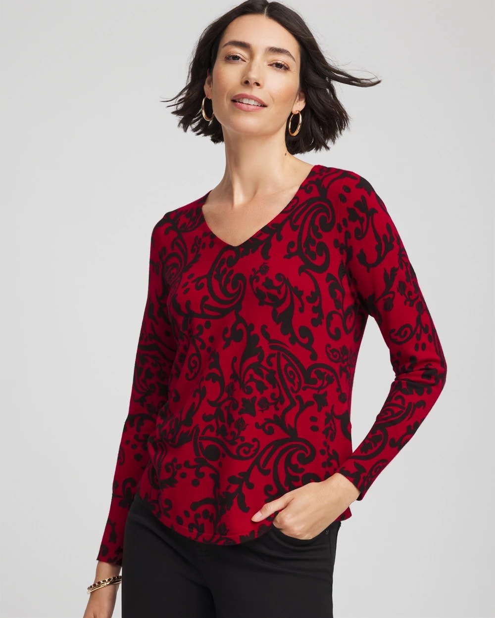 Chico's Clothing Ella Printed V-Neck Sweater