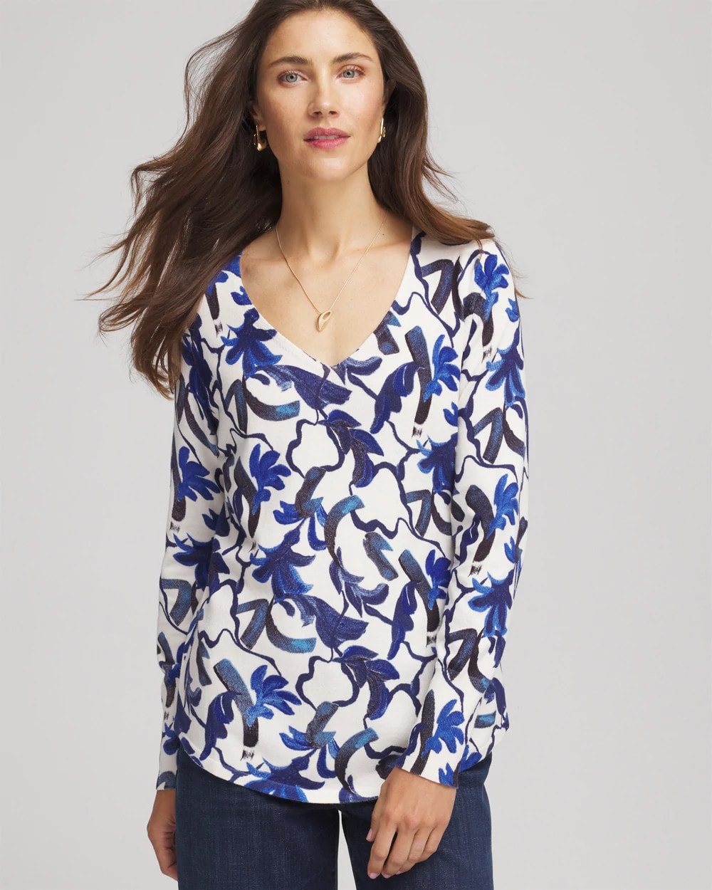 Chico's Clothing Ella V-Neck Blue-Petals Pullover Sweater