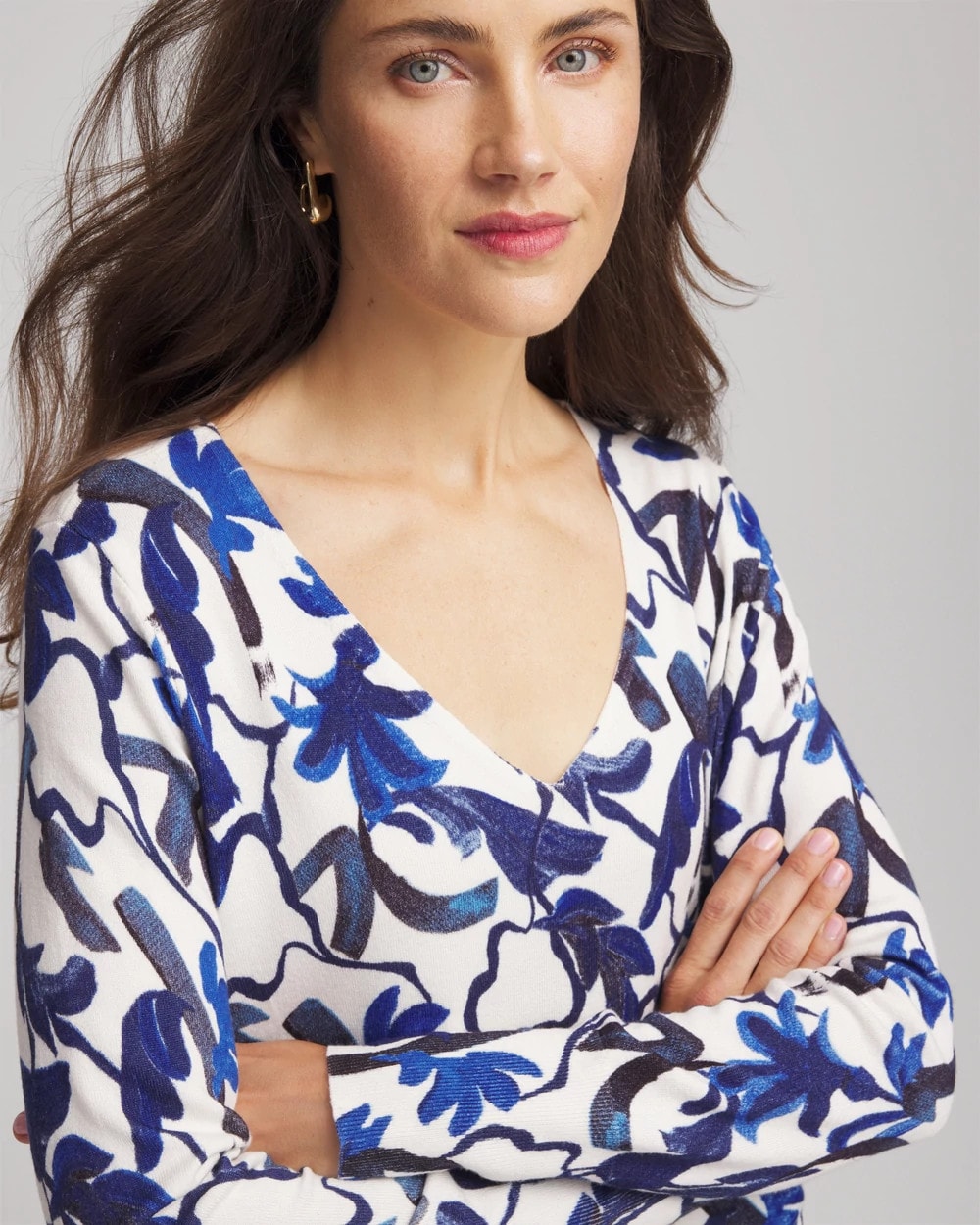 Chico's Clothing Ella V-Neck Blue-Petals Pullover Sweater