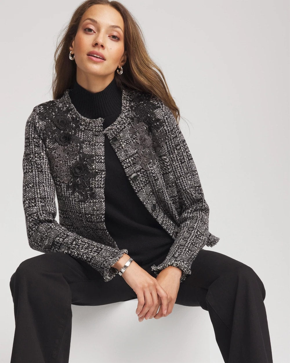 Chico's Clothing Embroidered Metallic Tweed Cardigan