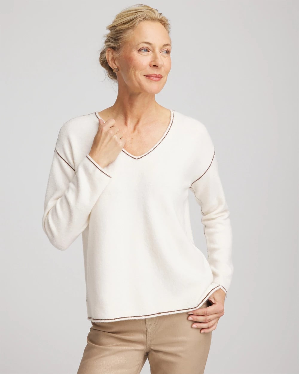 Chico's Clothing Contrast Stitch V-Neck Sweater