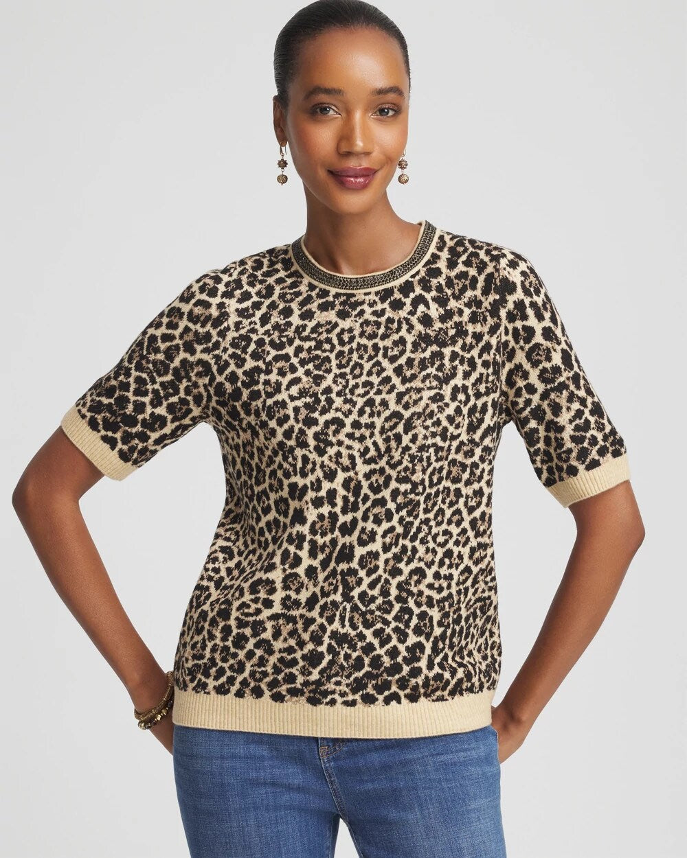 Chico's Clothing Embellished Crewneck Animal-Print Sweater