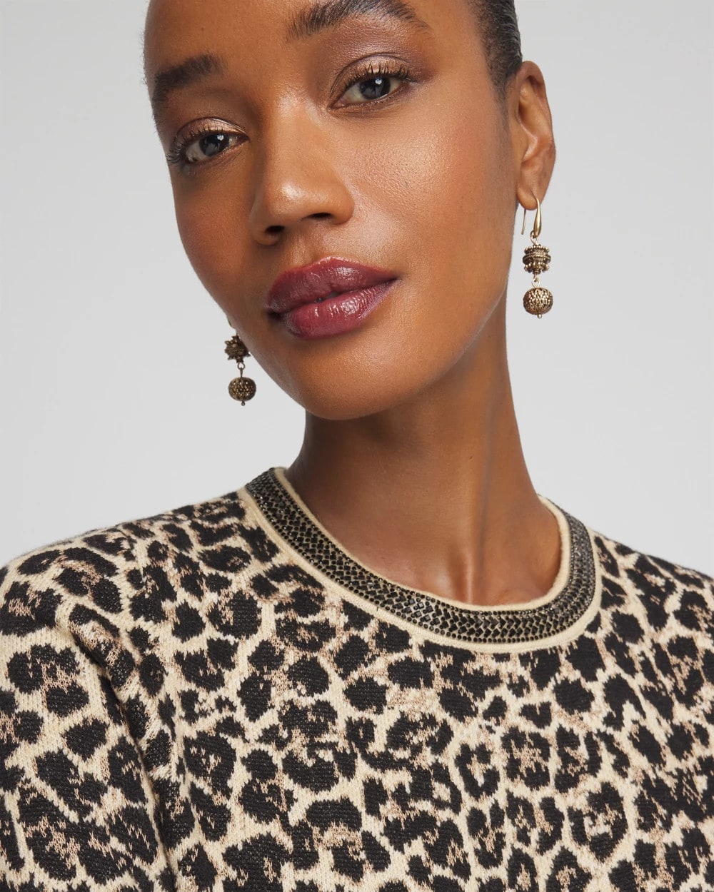 Chico's Clothing Embellished Crewneck Animal-Print Sweater