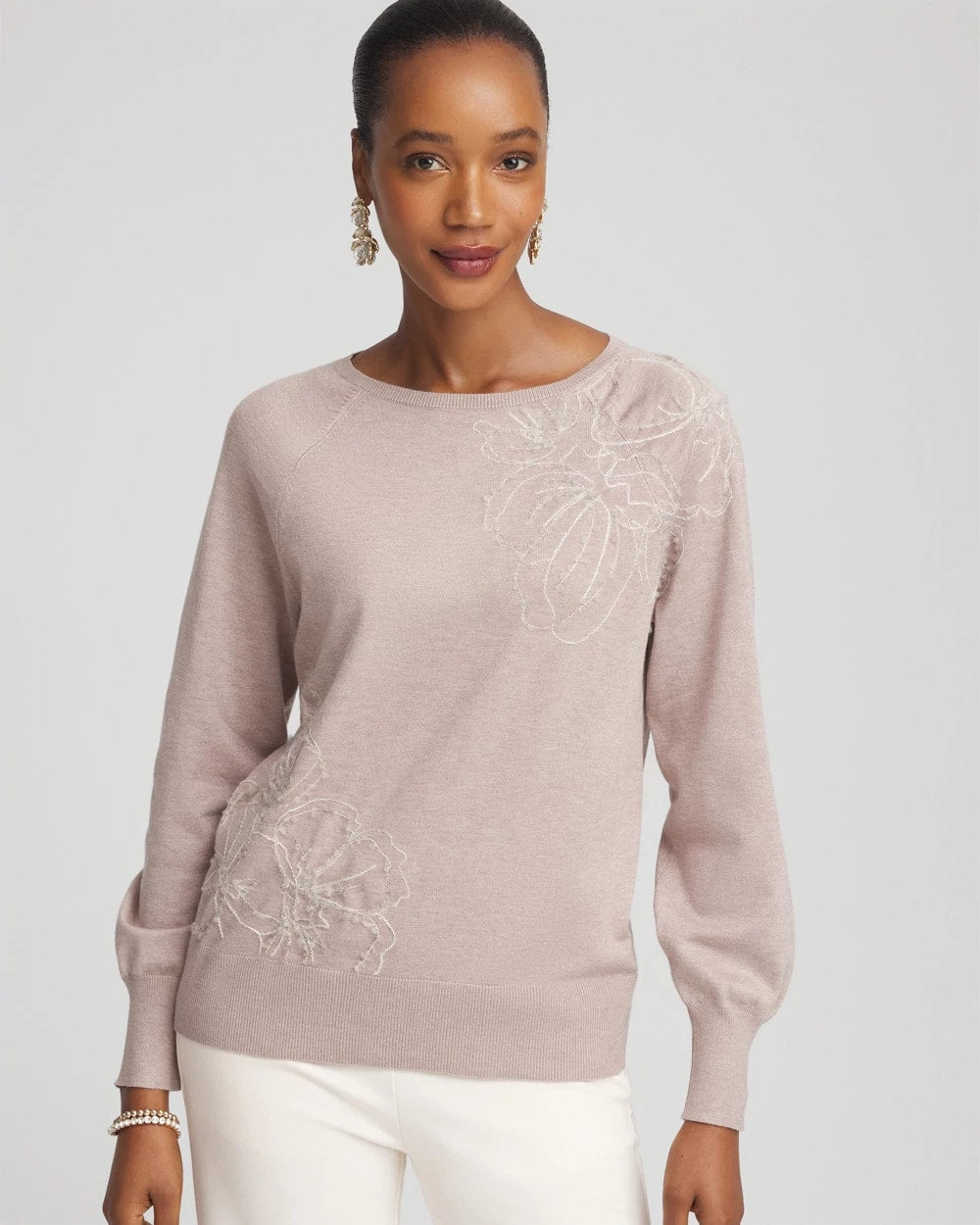 Chico's Clothing Embroidered Pull-Over Boatneck Sweater