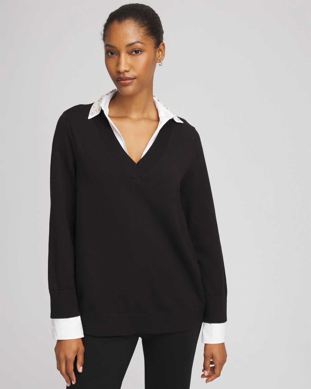Chico's Clothing Embellished Layered Collar Shirt Sweater