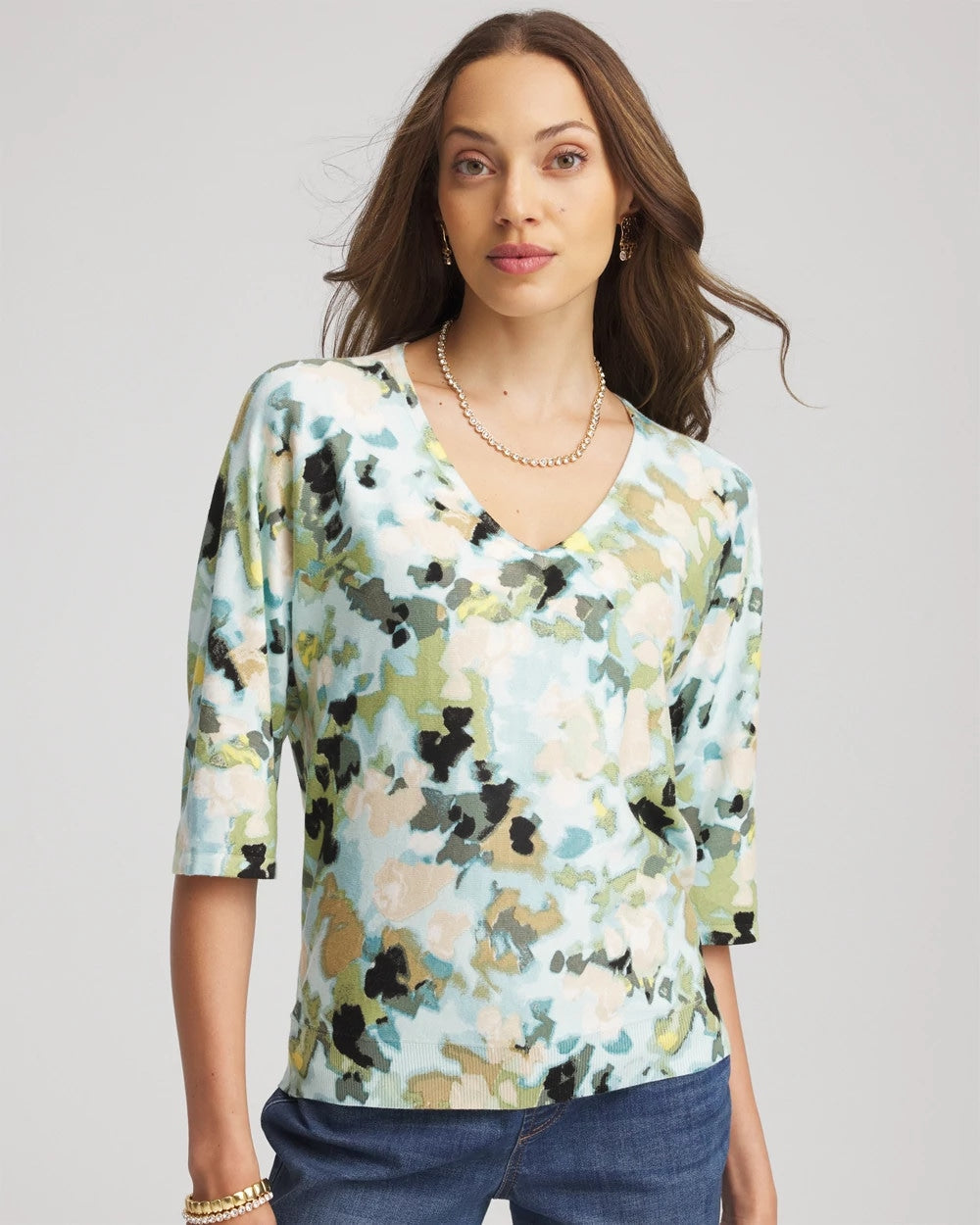 Chico's Clothing Printed Dolman V-Neck Pullover Sweater