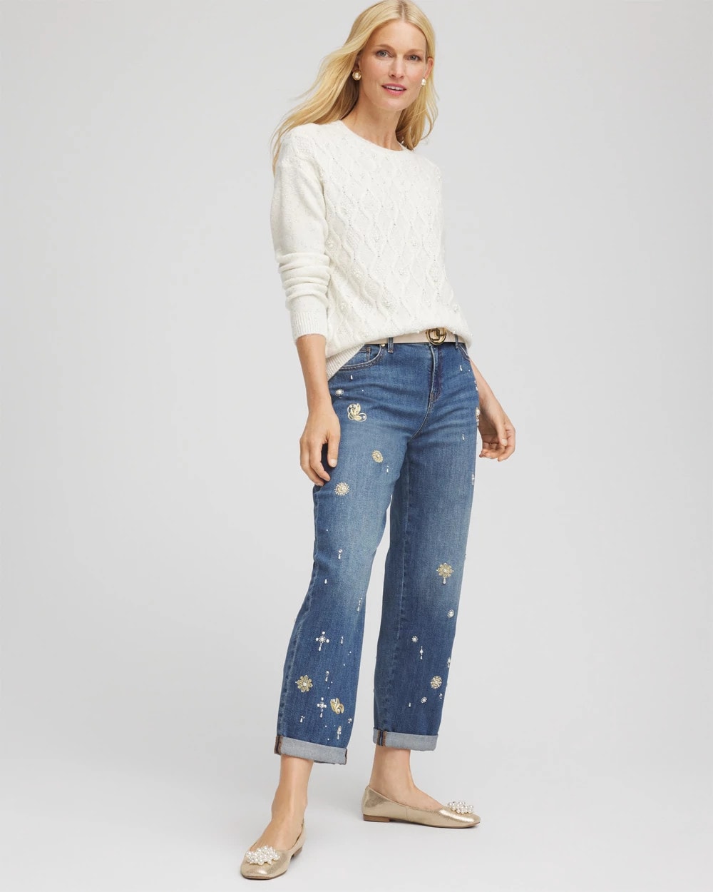Chico's Clothing Embellished Cable Knit Sweater
