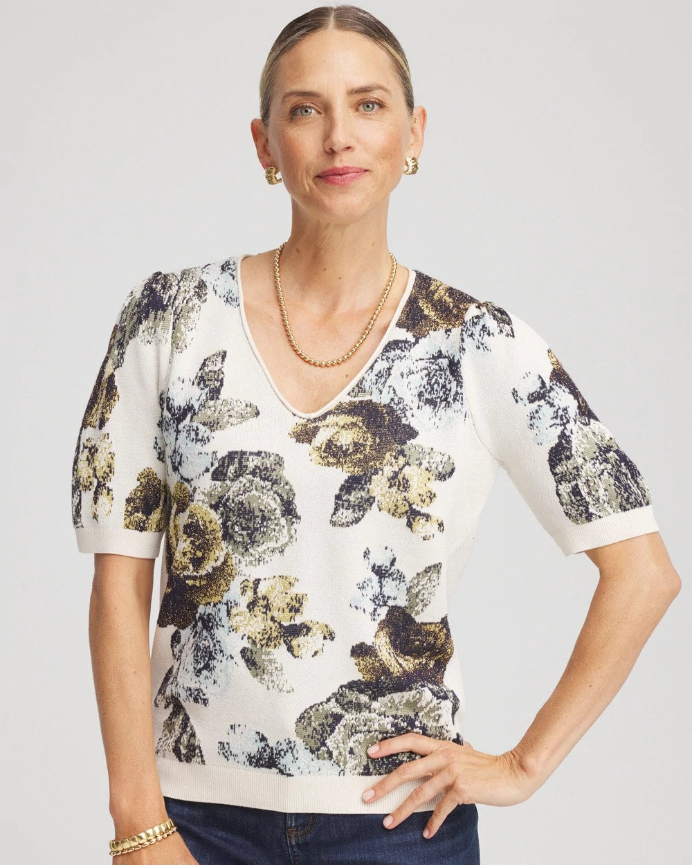 Chico's Clothing Floral V-Neck Sweater Tee