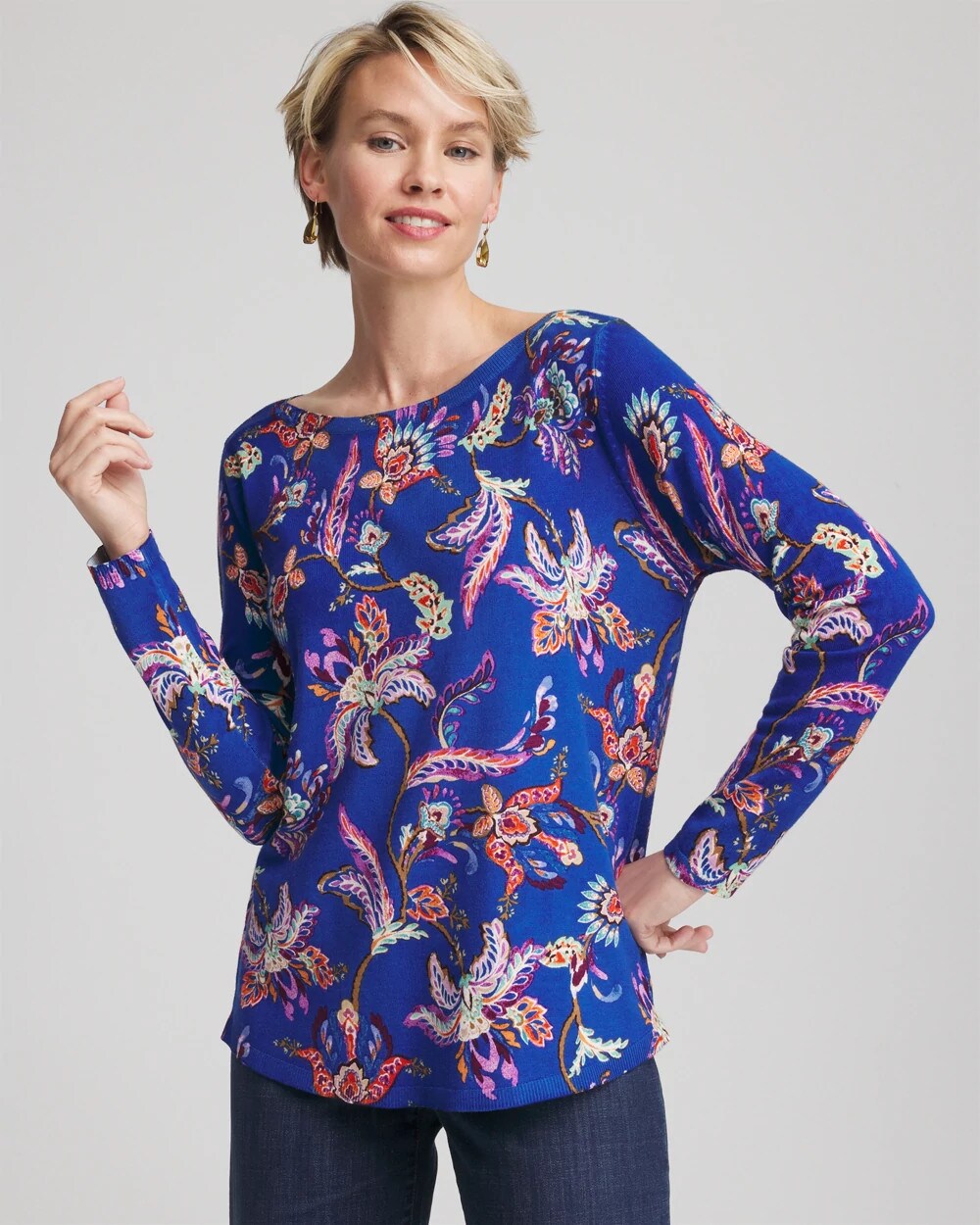 Chico's Clothing Ella Boatneck Printed Pullover Sweater