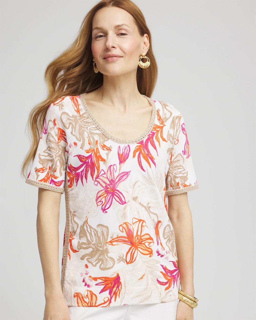 Chico's Clothing Floral Print Crochet-Trim Pullover Sweater