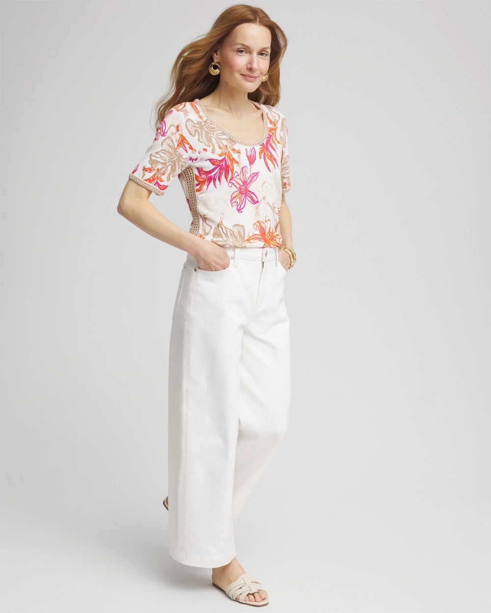 Chico's Clothing Floral Print Crochet-Trim Pullover Sweater