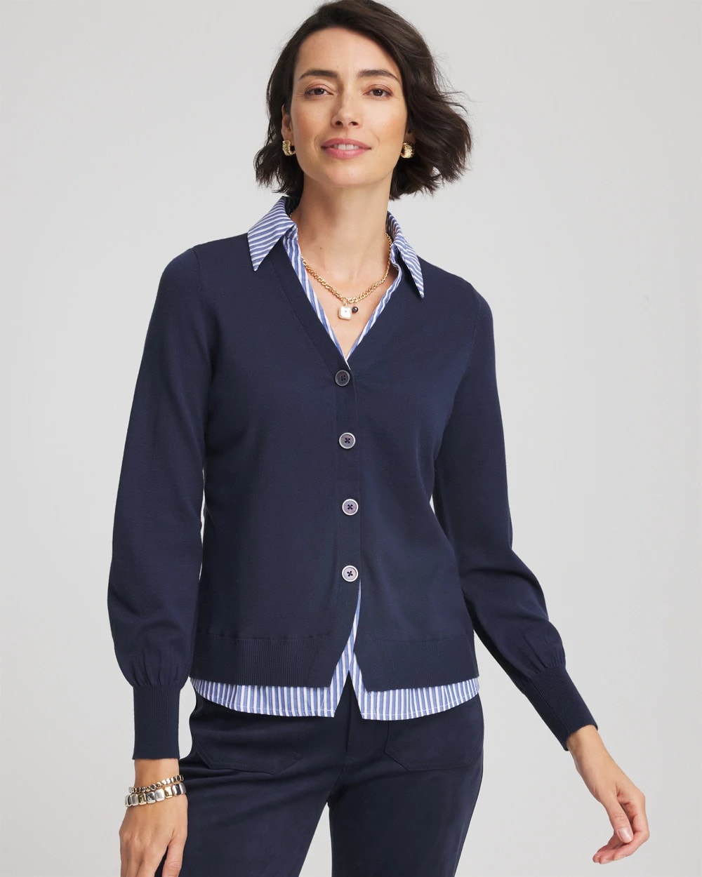 Chico's Clothing Striped Collared Cardigan Sweater