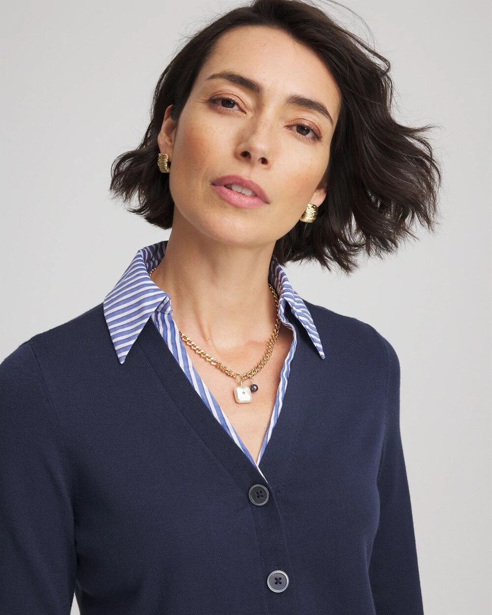 Chico's Clothing Striped Collared Cardigan Sweater