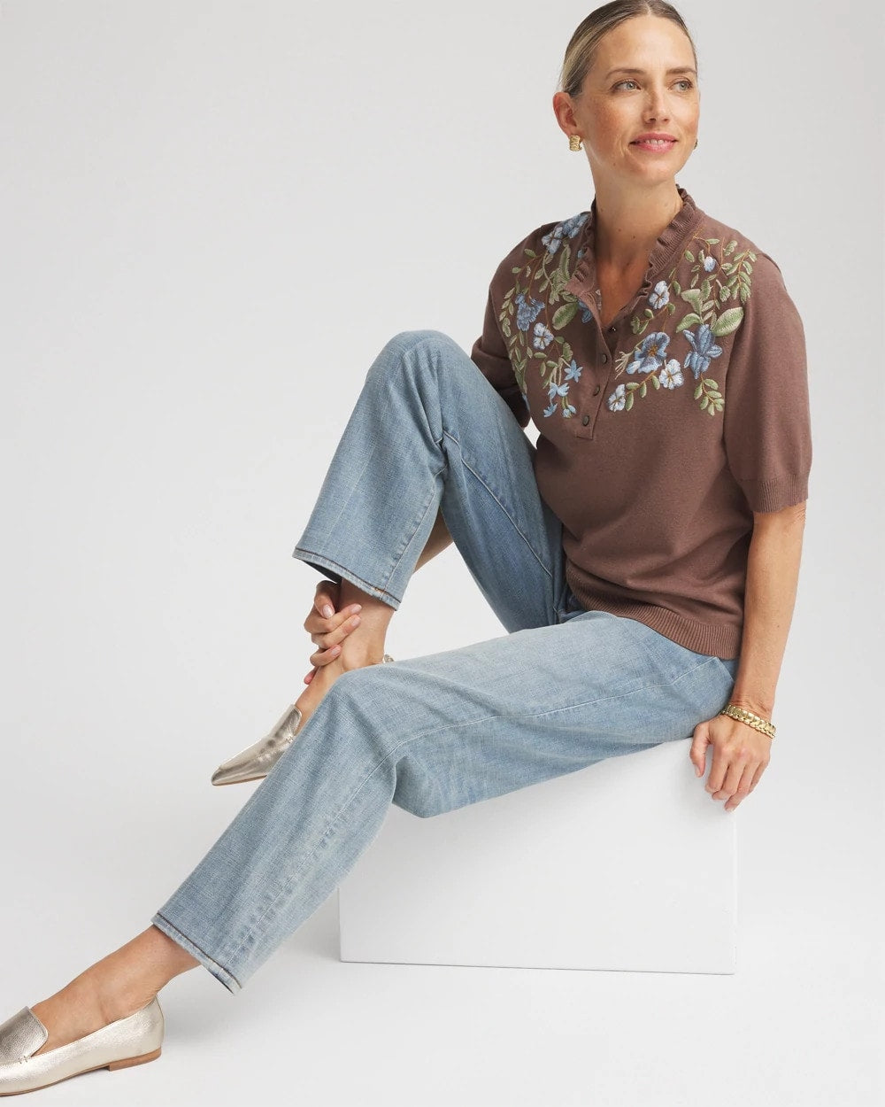 Chico's Clothing Embroidered Henley Pullover Sweater
