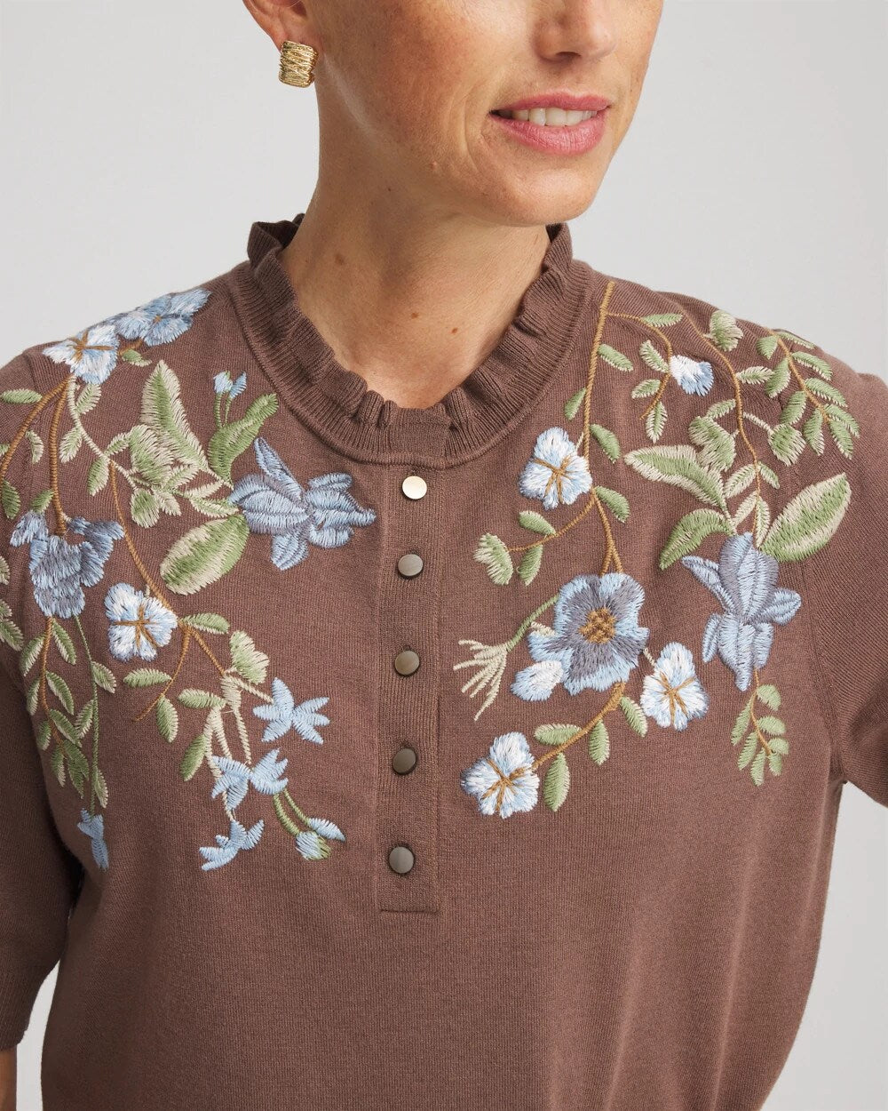 Chico's Clothing Embroidered Henley Pullover Sweater