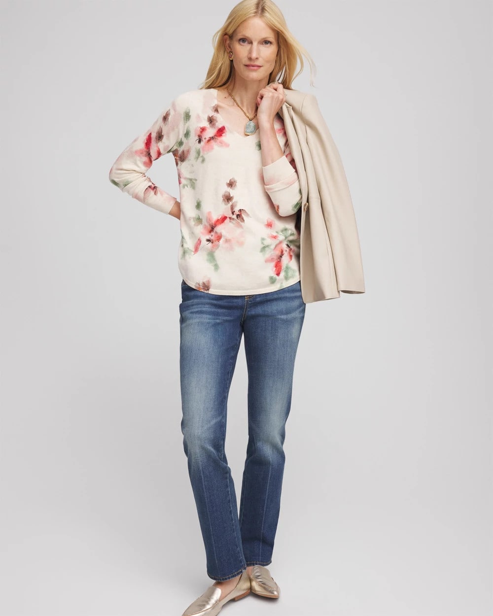 Chico's Clothing Ella Flowers & Cream Pullover Sweater