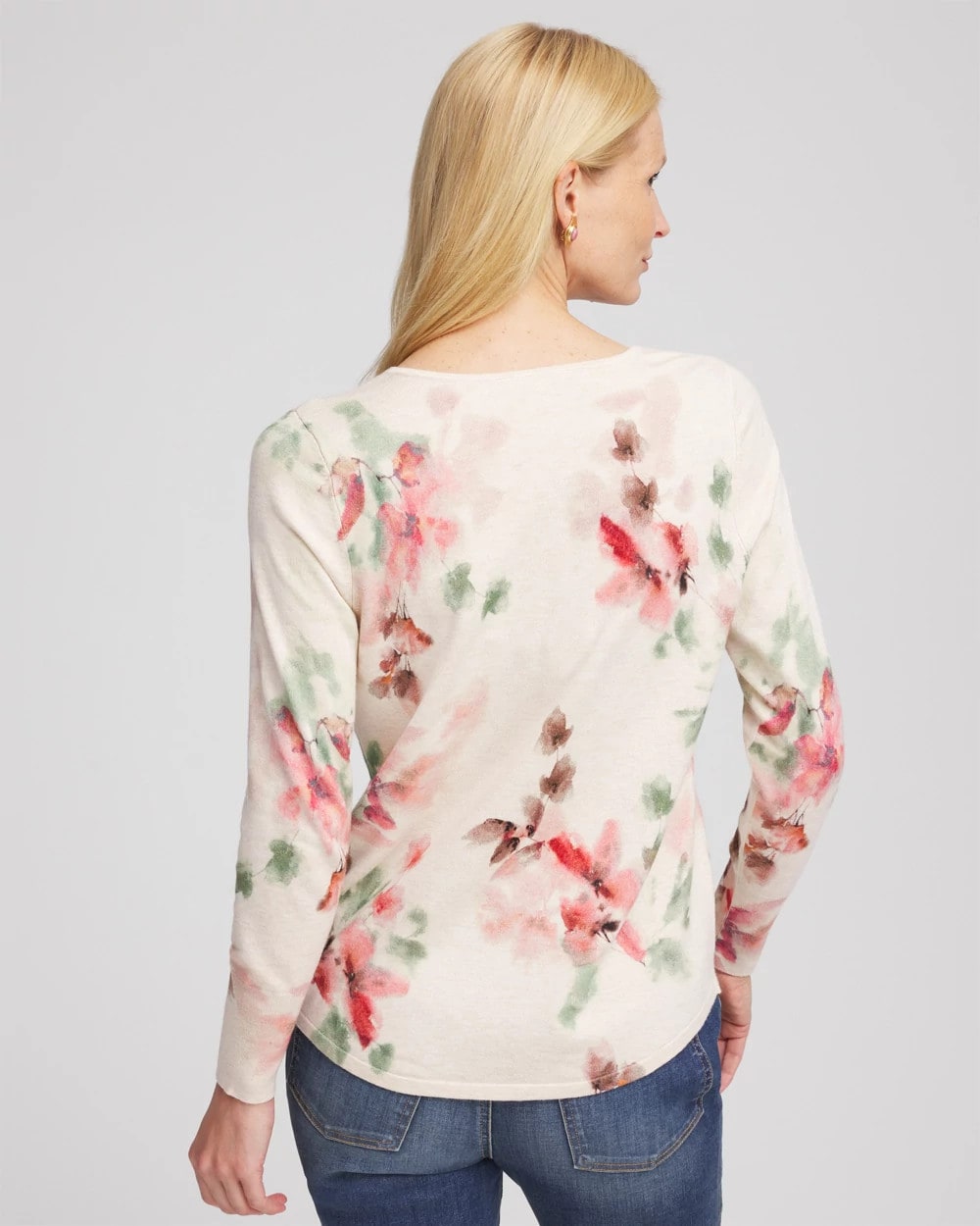 Chico's Clothing Ella Flowers & Cream Pullover Sweater