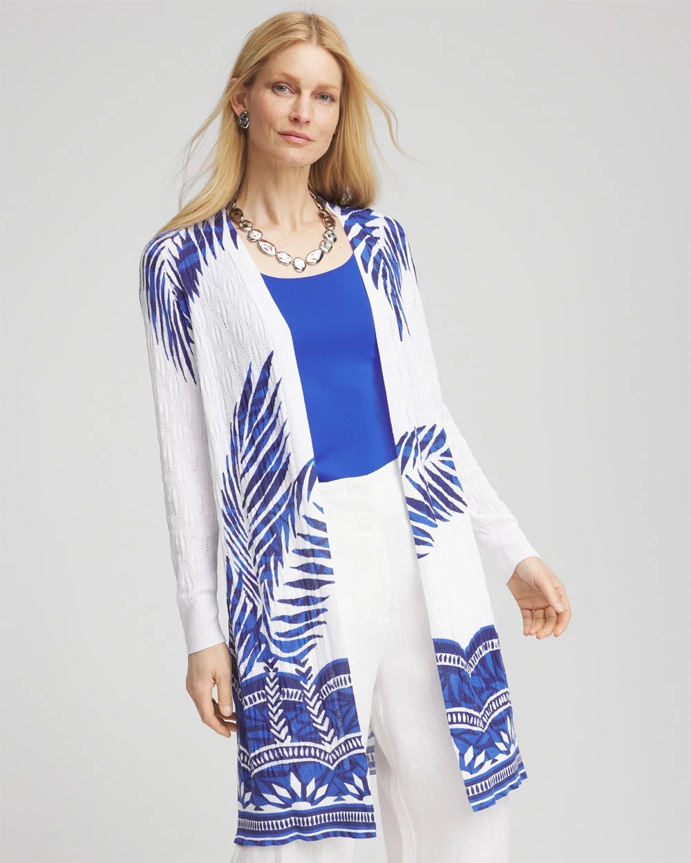 Chico's Clothing Island Motif Pointelle Long Cardigan